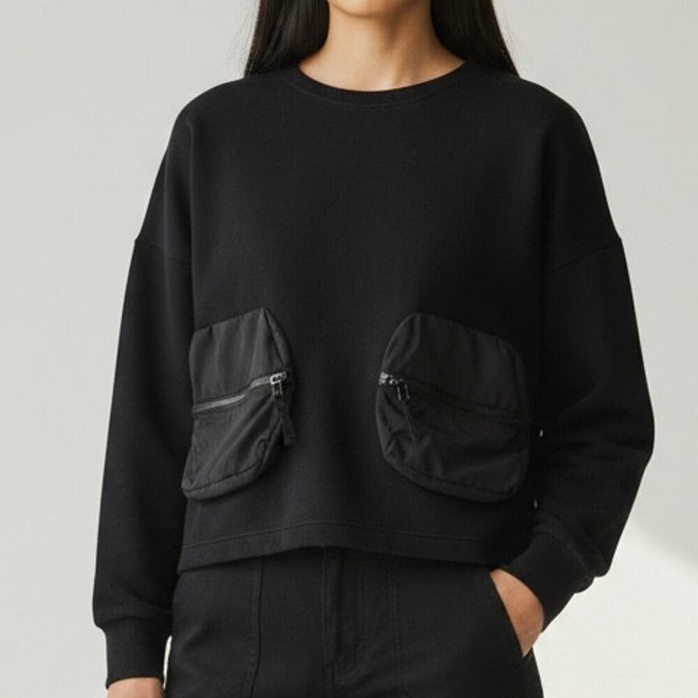 Zara Basic Long Sleeve Oversized 2 Zipper Fanny Pack Crew Neck Sweater S Black